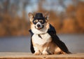 Corgi dog in a superhero Cape and mask sitting outside on a Sunny day with a mysterious smile