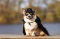 Portrait of a corgi dog in a superhero carnival costume in a black mask and raincoat sitting on the shore and smiling