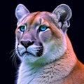 Portrait of a cougar with blue eyes on a black background