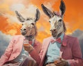 portrait of a couple of Anthropomorphic donkeys in vintage romantic outfits. Two donkeys in suits drink cocktails. Retro style.