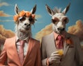 portrait of a couple of Anthropomorphic donkeys in vintage romantic outfits. Two donkeys in suits drink cocktails. Retro style.