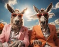 portrait of a couple of Anthropomorphic donkeys in vintage romantic outfits. Two donkeys in suits drink cocktails. Retro style.