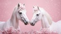 Portrait of couple beautiful white horses in flower studio decorations isolated on pink background