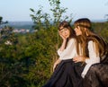 Portrait of a couple of beautiful young girls in traditional Ukrainian clothes Royalty Free Stock Photo