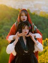 Portrait of a couple of beautiful young girls in traditional Ukrainian clothes Royalty Free Stock Photo