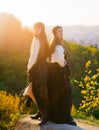 Portrait of a couple of beautiful young girls in traditional Ukrainian clothes Royalty Free Stock Photo