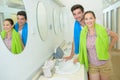 Portrait couple in campsite sanitary block Royalty Free Stock Photo