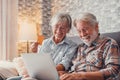 Portrait of couple of cute two happy and excited seniors buying and spending money shopping online with laptop on the sofa at home Royalty Free Stock Photo