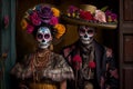 Portrait of a couple in Day of the Dead makeup. AI generated