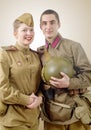 Portrait couple in Russian military uniform of the Great Patriot Royalty Free Stock Photo