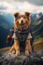 Portrait of a courageous dog perched on top of a majestic mountain, proudly wearing a backpack. With a backdrop of awe-inspiring Royalty Free Stock Photo