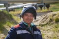 Portrait of courageous welding man on gas pipeline with a smile on his face Royalty Free Stock Photo