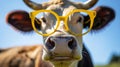 Portrait of Cow close up with glasses. Generative Ai Royalty Free Stock Photo