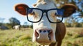 Portrait of Cow close up with glasses. Generative Ai Royalty Free Stock Photo