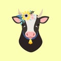 Portrait of a cow with a flower wreath and a bell. Isolated animal head of a black and white calf. Character, emblem Royalty Free Stock Photo