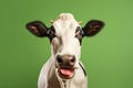 Portrait of cow with funny surprised expression on its face on green background Royalty Free Stock Photo