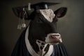 Portrait of animal crossing illustration cow wearing graduation gown