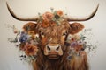 Portrait of a cow with a wreath of flowers on her head, Beautiful watercolor highland cow with flowers on her heand floral Royalty Free Stock Photo