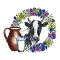 Portrait of a cow and a wreath of wild flowers. Ceramic jug and glass of milk. Watercolor hand drawn illustration Royalty Free Stock Photo
