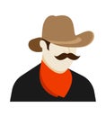 Portrait of cowboy man with thick mustache and wide brimmed hat. Shooter, bandit, sheriff of wild west. Cartoon vector isolated on