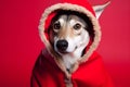 Portrait of a coyote or wolf Dressed in a Red Santa Claus Costume in Studio with Colorful Background