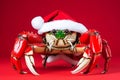 Portrait of a crab Dressed in a Red Santa Claus Costume in Studio with Colorful Background