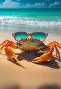 Portrait of a Crab in sunglasses on the background of a tropical beach. AI generated