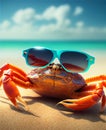 Portrait of a Crab in sunglasses on the background of a tropical beach. AI generated