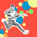 Portrait crazy funky he his him guy man jump electric guitar hands excited futuristic stylized illustration design Royalty Free Stock Photo