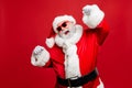 Portrait of crazy funny modern santa claus raise fists scream yeas celebrate victory wear eyewear eyeglasses stylish