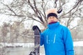 Portrait of crazy man in a funny hat with snowboard