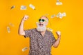 Portrait of crazy retired funky bearded old man with eyeglasses eyewear raise his fists scream yeah celebrate victory Royalty Free Stock Photo