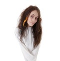 Portrait of a crazy woman in a straitjacket Royalty Free Stock Photo