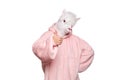 Portrait of creative person in pink hoodie with lama mask showing thumb up isolated on white