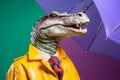 Portrait of a crocodile wearing a raincoat and an umbrella in studio, colorful background. Autumn concept. Generative AI