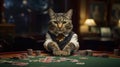 A portrait croupier cat in a suit sits at a