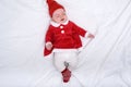 Portrait of crying little baby in a santa hat and costume. Christmas concept. White background Royalty Free Stock Photo