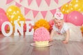 Caucasian baby girl in tutu tulle skirt celebrating her first birthday. Cake smash concept Royalty Free Stock Photo