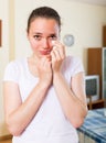 Portrait of crying woman at home Royalty Free Stock Photo