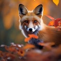 A portrait of a curious red fox peering out from behind a vibrant cluster of autumn leaves3