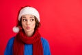 Portrait of curious surprised girl listen christmas season sales news look copyspace make her lips pouted plump wear