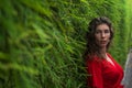 Portrait of pretty curly young woman standing near leaves outdoors. Sensual beautiful woman posing in red dress Royalty Free Stock Photo
