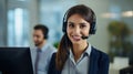 Portrait of customer service agent with headset in office. Call center and customer support concept. Generative AI Royalty Free Stock Photo