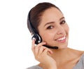 Portrait, customer service and woman with headphones, call center and tech support isolated on a white studio background Royalty Free Stock Photo
