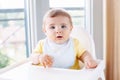 Caucasian child boy with dirty messy face sitting in high chair eating apple puree Royalty Free Stock Photo