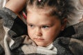 Portrait of cute adorable smiling little girl waking up in her bed Royalty Free Stock Photo