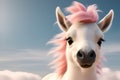 portrait of cute adorable Unicorn baby against blue sky background. Ai generated