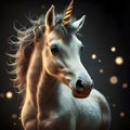 portrait of cute adorable Unicorn baby against night miracle background. Digital artwork. Ai generated
