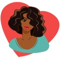 Portrait of a cute African American girl on the background of the heart. Attractive woman smiles, dreams of love, flirts