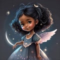 Portrait of cute African American little angel with angel wingson the background of night sky. Children\'s book illustration. Royalty Free Stock Photo